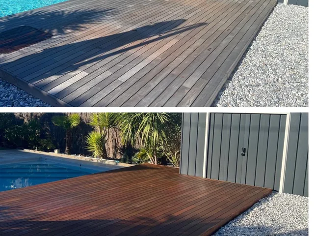 Plage de piscine en lames composite grises — sud des Landes